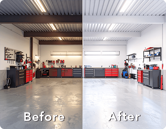 Before and after of garage with and without proper LED lighting