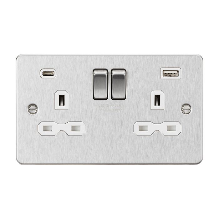 MLA-Knightsbridge Flat Plate Socket 2 Gang Dual USB Charger (2.4A) Brushed Chrome  with White Insert