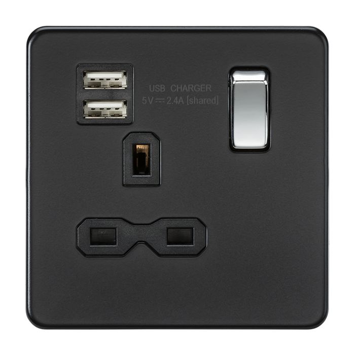MLA-Knightsbridge Screwless Socket 1 Gang Dual USB Charger (2.4A) Matt Black  with Chrome Rocker