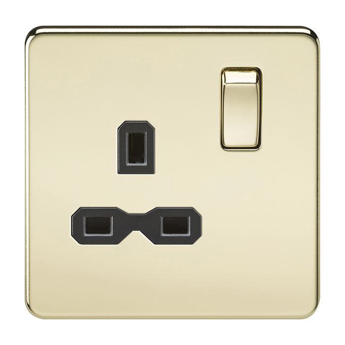 MLA-Knightsbridge Screwless Socket 1 Gang  Polished Brass  with Black Insert 