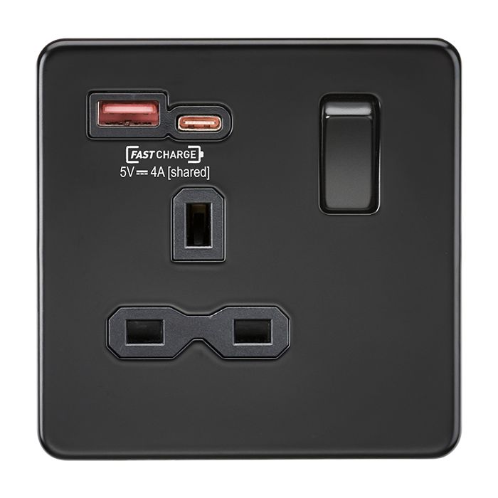 MLA Knightsbridge Single Socket with Dual Fastcharge USB A+ C Matt Black