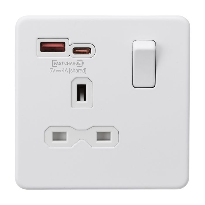 MLA Knightsbridge Single Socket with Dual Fastcharge USB A+ C Matt White