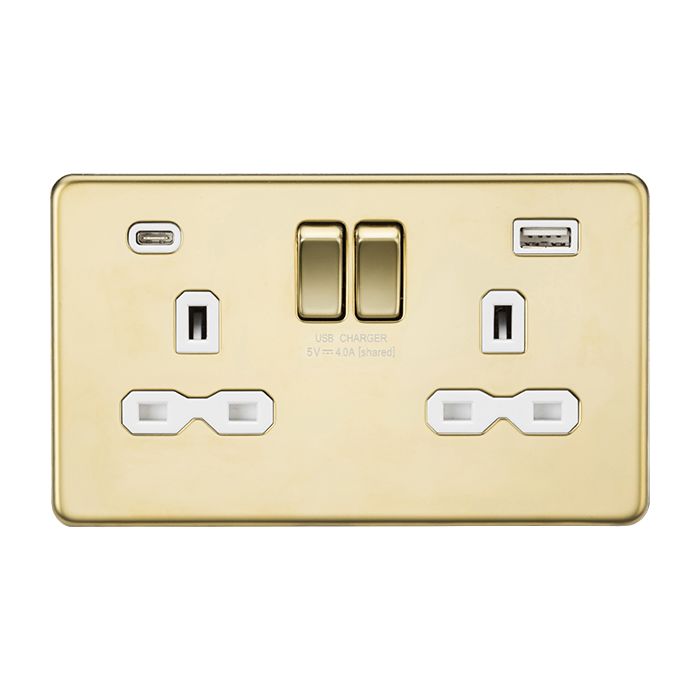 MLA-Knightsbridge Socket 2 Gang Dual USB A + C Charger Polished Brass with White Insert