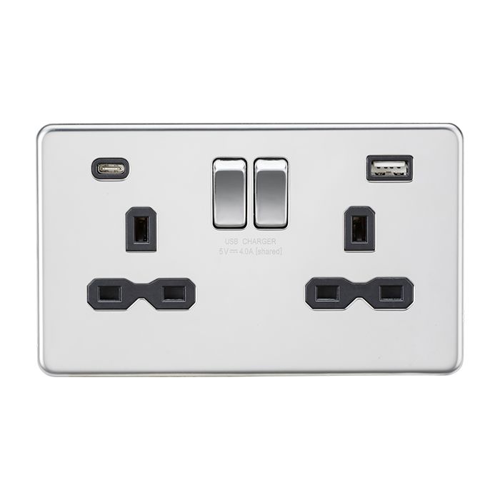 MLA-Knightsbridge Socket 2 Gang Dual USB A + C Charger Polished Chrome with Black Insert