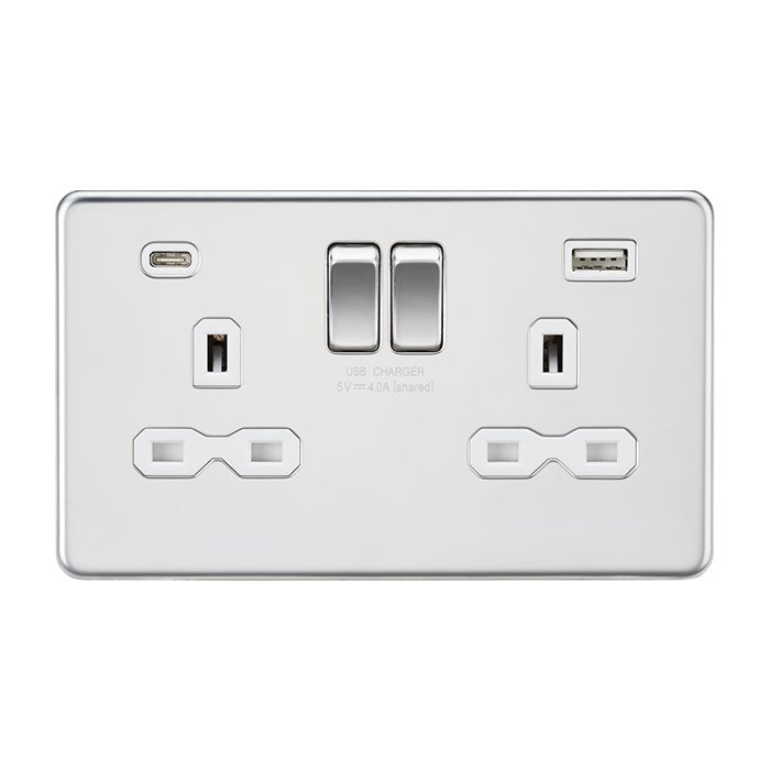 MLA-Knightsbridge Socket 2 Gang Dual USB A + C Charger Polished Chrome with White Insert