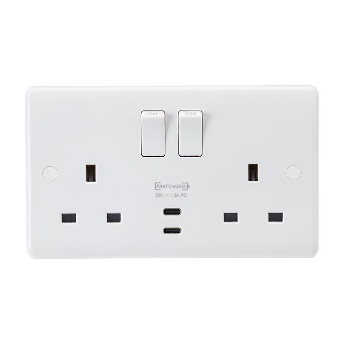 MLA-Knightsbridge Socket 2 Gang Dual USB Charger (Type A Fastcharge Port) Matt White