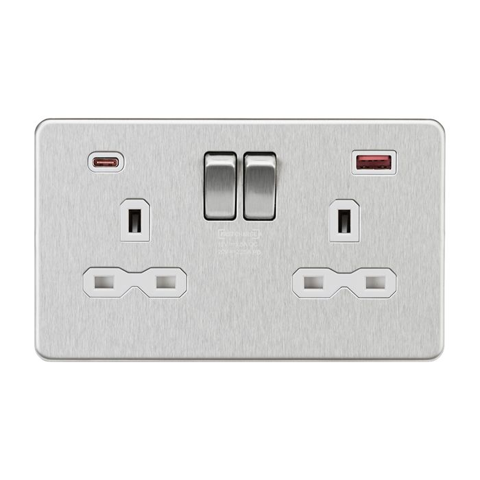 MLA-Knightsbridge Socket 2 Gang  Dual USB Fastcharge Ports (A + C) Brushed Chrome  with White Insert 