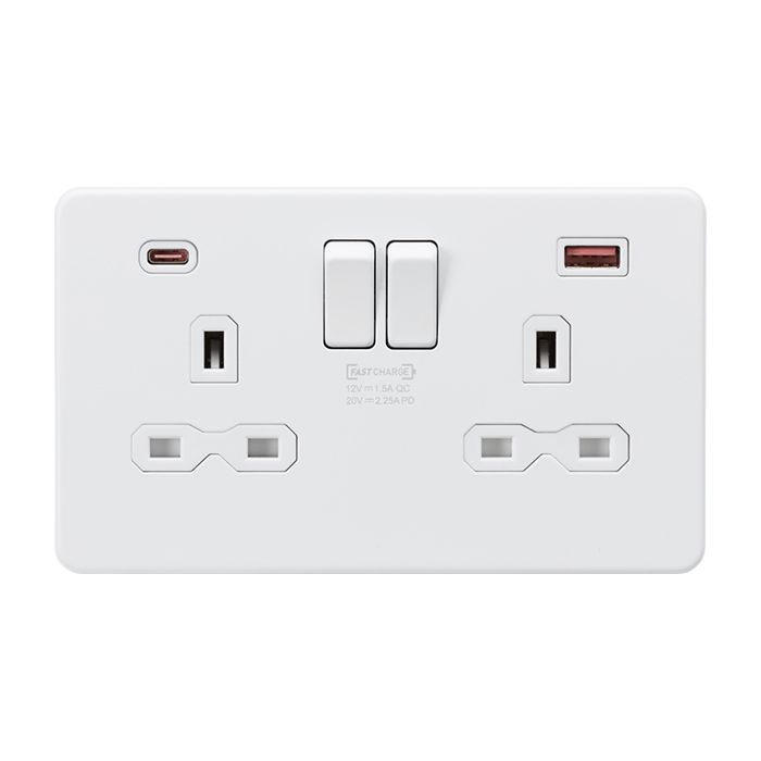 MLA-Knightsbridge Socket 2 Gang Dual USB Fastcharge Ports (A + C) Matt White