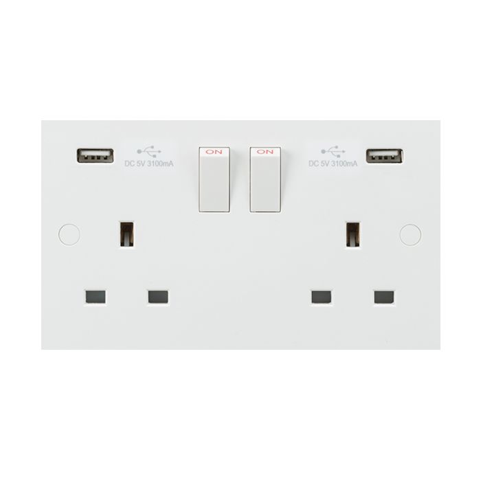 MLA Knightsbridge SN9904 (5 PACK) Square Edge White Plastic 2 Gang 13A Switched Socket w/ 2x USB 3.1A