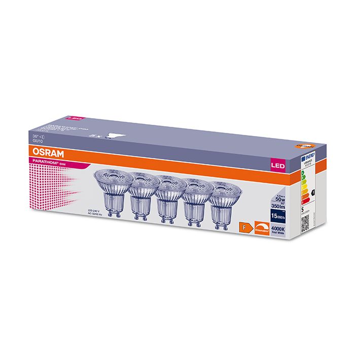 Osram Parathom 4.5W Dimmable LED GU10 Spot 36D 4000K 5 Pack 