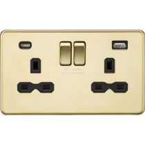MLA-Knightsbridge Socket 2 Gang Dual USB A + C Charger Polished Brass with Black Insert