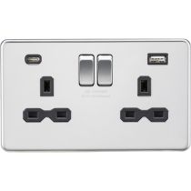 MLA-Knightsbridge Socket 2 Gang Dual USB A + C Charger Polished Chrome with Black Insert