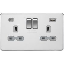 MLA-Knightsbridge Socket 2 Gang Dual USB A + C Charger Polished Chrome with Grey Insert