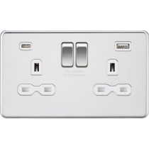 MLA-Knightsbridge Socket 2 Gang Dual USB A + C Charger Polished Chrome with White Insert
