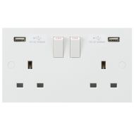 MLA Knightsbridge SN9904 Square Edge White Plastic 2 Gang 13A Switched Socket w/ 2x USB 3.1A