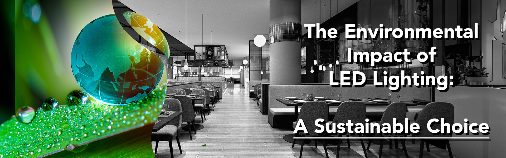 A black and white image of a restaurant interior with an image of a broken earth to signify climate change